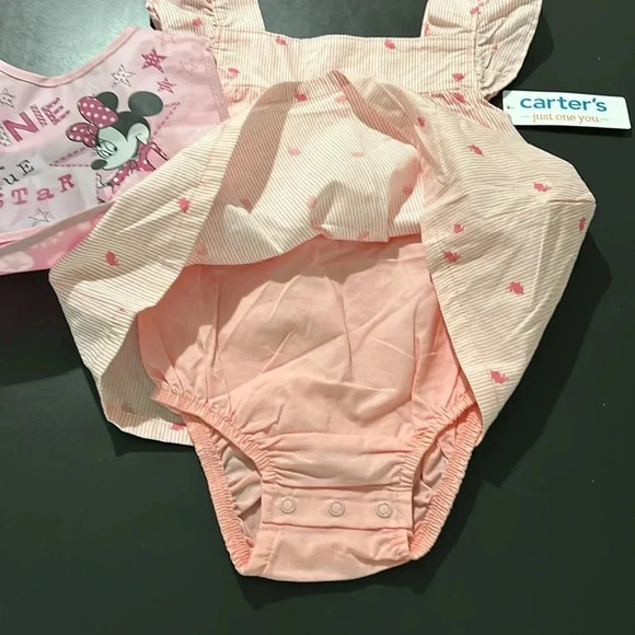 Carters one piece dress with built in bottoms also adding a Minnie Mouse bib - Picture 3 of 5